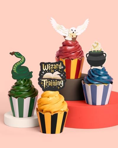 xo, Fetti Wizard in Training Cupcake Toppers + Wrappers - Set of 24 | Kids Cake Decoration, Magic Party Decor, Sorcerer Supplies, Dessert Accessory