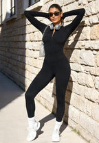 ECUPPER Women Long Sleeve Bodycon Jumpsuits Workout Zip Up Unitard One Piece Full Bodysuits Sexy Yoga Rompers Pants