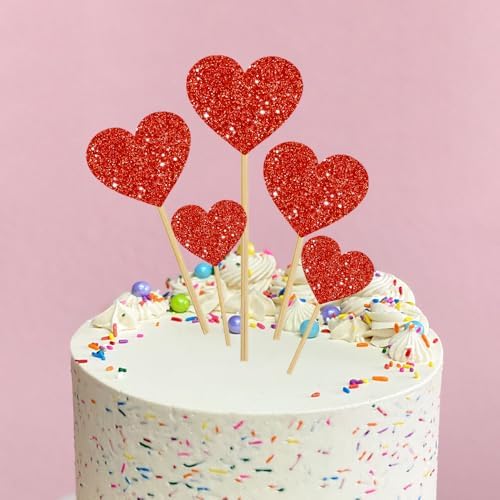 Heart Cupcake Toppers, 24 Pcs Valentines Cupcake Toppers, Glitter Sweet Love Cupcake Heart Picks Valentine's Day Cake Decorations for Wedding Engagement Bridal Shower Valentine's Day Party Supplies