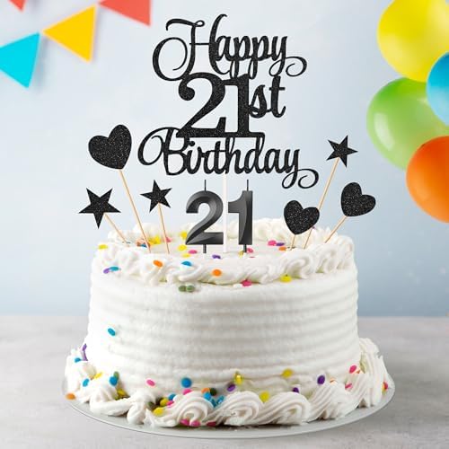 21st Birthday Cake Toppers, 21st Birthday Candles Numeral Candles and Glitter Cake Decorations Toppers Set for Party Supplies (Black)