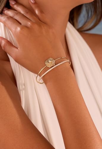 Rose Bracelet with Zircon 18K Gold/Silver Plated Adjustable Cuff Bangle Flower Bracelets Jewelry for Women CB0015