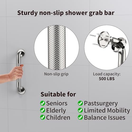 12 Inch Anti Slip Shower Grab Bar Handle, ZUEXT Chrome Finish Stainless Steel Bathroom Grab Bar, Knurled Bathroom Balance Bar,Safety Hand Rail Support,Handicap Elderly Injury Senior Assist Bath Handle
