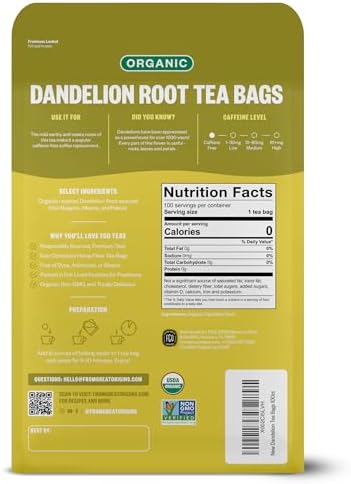 FGO Organic Roasted Dandelion Root Tea, 100 Count, Eco-Conscious Tea Bags, Resealable Bag, Caffeine Free, Packaging May Vary (Pack of 1)