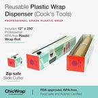 Chicwrap Cook's Tools Refillable Plastic Wrap Dispenser - One 12" x 250' Roll of Professional Grade Plastic Wrap - BPA Free and Kosher Certified - Reusable Dispenser w/Slide Cutter