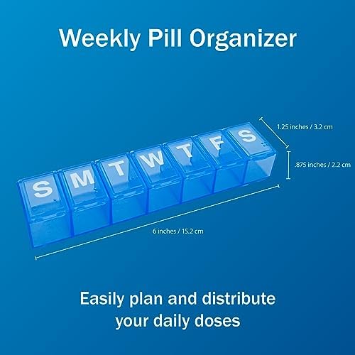 Amazon Basic Care 7-Day Weekly Pill Organizer, Portable Medicine and Vitamin Planner Box with Medium Compartments, Blue