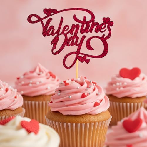 Valentine's Day Cupcake Toppers, 24-Pack Gold Glitter Party Decorations for Baking, Happy Valentine's Day Cupcake Wrappers with Picks for Party Supplies, Anniversary, Wedding, Romantic Holiday Decor