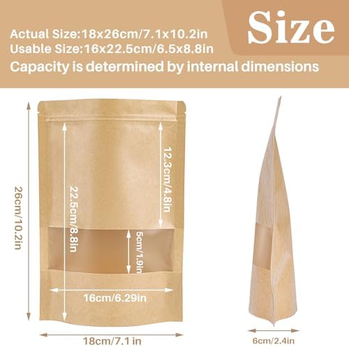 MAQIHAN 24 Stand Up Pouches Bags - 7"×10" Resealable Ziplock Kraft Paper Bags with Window Food Packaging Homemade Bagel Bread Cookie Candy Tea Herb Spice Coffee Jerky Dog Treat Small Business