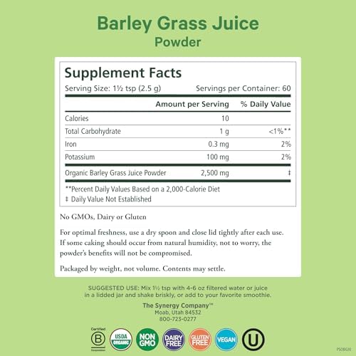 PURE SYNERGY Organic Barley Grass Juice Powder | Chlorophyll-Rich Greens Powder | Organic Cold-Pressed Barley Grass Juice | for Energy, Detox, and Digestion Support (5.3 oz.)