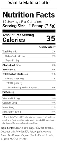 Terrasoul Superfoods Organic Vanilla Matcha Latte Powder, 30 Servings – Creamy Coconut Milk, Lightly Sweetened with Date Sugar, Dairy-Free Green Tea Drink Mix