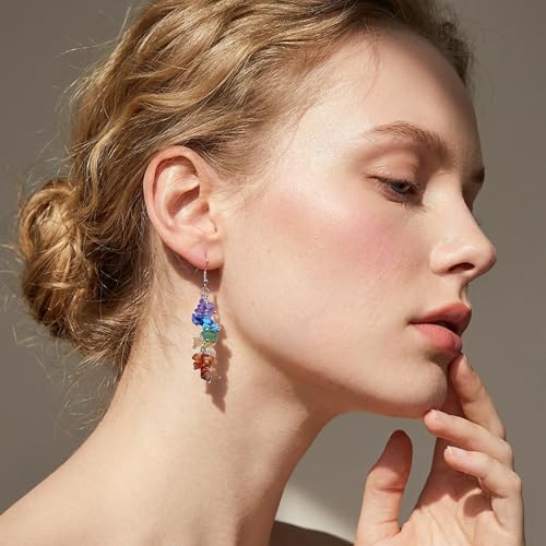 Nupuyai Natural Tumbled Stones Earrings for Women, Reiki Healing Crystal Long Dangle Hook Eardrop