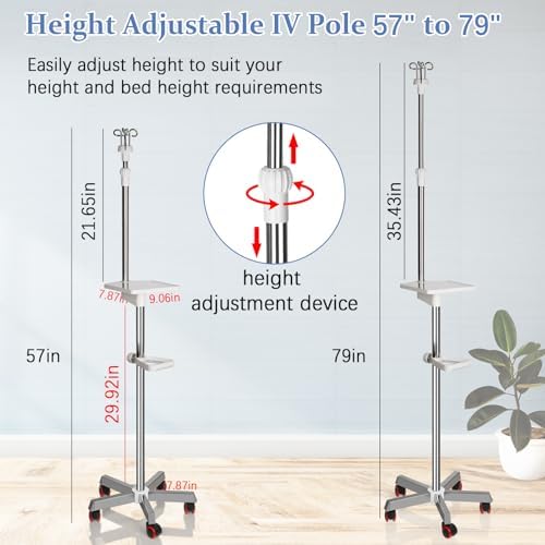 Medical IV Pole with Wheels - Stainless Steel Adjustable 57" to 79" Height IV Stand with Tray and 4 Hooks for Hospital, Home Infusion Practice and Therapy (White)