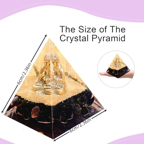 Natural Obsidian Orgone Pyramid, Orgonite Crystal Healing Pyramid with Built-in Buddha Statue, Attract Wealth Success, Prosperity, Balance Chakra Used for Meditation & Healing, 6cm