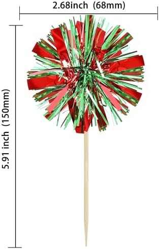 Ephlyn 30Pcs Foil Firework Cupcake Toppers Sparkle Tinsel Drink Birthday Cake Decorations Cocktail Food Fruit Toothpick for New Years Wedding Birthday Party Decorations Red Green