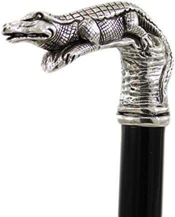 HandMade Italy Walking Cane in Customized Wood and Solid Pewter Crocodile Handle for Elegant Man Ceremony Woman Elderly Gift Italian Artisan Quality, black