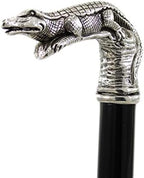 HandMade Italy Walking Cane in Customized Wood and Solid Pewter Crocodile Handle for Elegant Man Ceremony Woman Elderly Gift Italian Artisan Quality, black