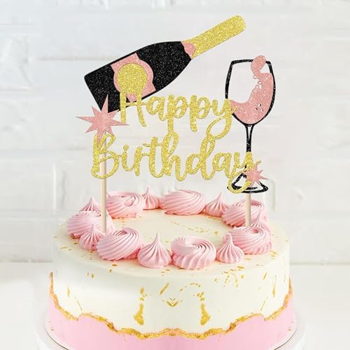 Champagne Happy Birthday Cake Topper, Unique Gold Champagne Happy Birthday Toppers, Cheers to Birthdays for Men's and Women's Party Cake Toppers