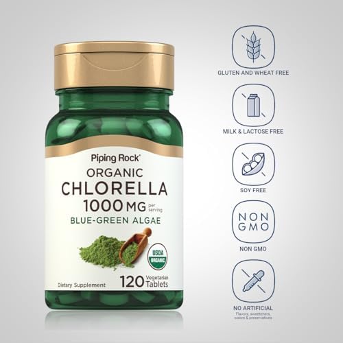 Piping Rock Chlorella | 1000mg | 120 Tablets | Blue-Green Algae | Broken Cell Wall Organic | Non-GMO, Gluten Free Supplement