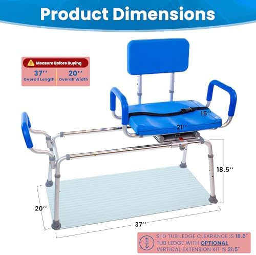 Carousel Sliding Shower Chair Tub Transfer Bench with Swivel Seat, Bariatric, Premium Padded with Pivoting Arms, High Capacity, Heavy Duty for Tubs, Inside Shower, for Handicap & Seniors, Blue
