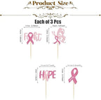 Pink Ribbon Breast Cancer Awareness Cupcake Toppers - 12 Pcs Glitter "Fight Hope" Butterfly Ribbon Picks for Charity Events, Fundraisers, Survivors & Support Party Decorations