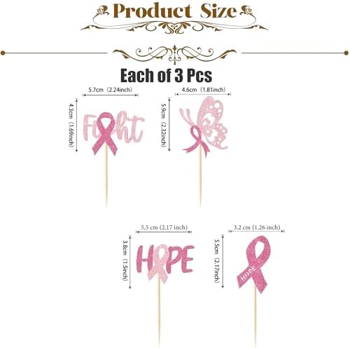 Pink Ribbon Breast Cancer Awareness Cupcake Toppers - 12 Pcs Glitter "Fight Hope" Butterfly Ribbon Picks for Charity Events, Fundraisers, Survivors & Support Party Decorations