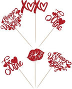 24 Pack Happy Valentine's Day Cupcake Toppers Glitter Be Mine Love Valentine's Day Cupcake Picks Lip Love You Valentine's Day Theme Wedding Birthday Party Cake Decorations Supplies Red