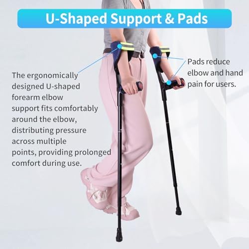 Forearm Crutches for Adult Men or Women with Cushion, 1 Pair, Adjustable, Foldable Arm Crutch with Elbow Strap, Light and Portable Crutches for Patients