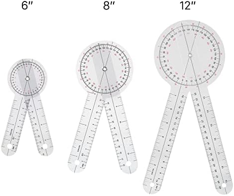 Goniometer Set 3 Pieces of 6/8/12 Inch Occupational Physical Therapy Protractor Tool Measurement Angle Ruler Kit Plastic 360 Degree Universal (3pc)