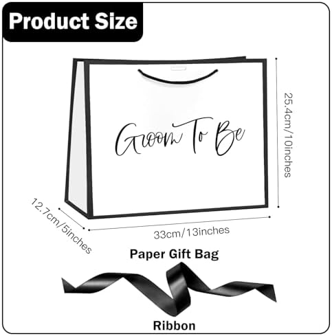 Loveinside 13" Large Groom Shower Gift Bag, White & Black Groom To Be Elegant Script Design Gift Bag with Bow Ribbon for Shower, Engagement, Bachelor Party, Wedding, 13" x 5" x 10", 1 Pcs