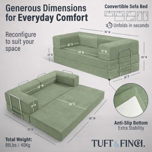 TUFT&FINCH 82" Folding Convertible Sofa Bed – 5 in 1 Modular Corduroy Boneless Couch for Living Room, Pet-Friendly Cloud Couch, Removable Washable Covers, CertiPUR US Foam - Sage Green