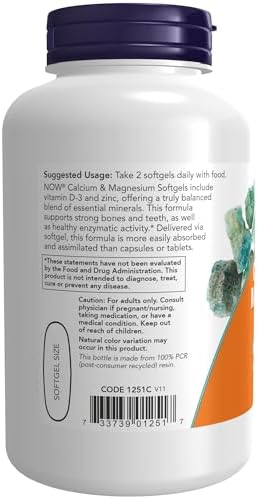 NOW Foods Supplements, Calcium & Magnesium with Vitamin D-3 and Zinc, Supports Bone Health*, 120 Softgels