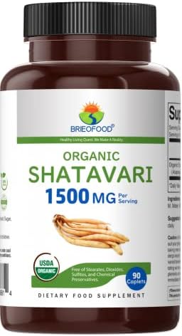 Brieofood Organic Shatavari 1500mg, 45 Servings, Vegetarian, Gluten Free, 90 Vegetarian Tablets