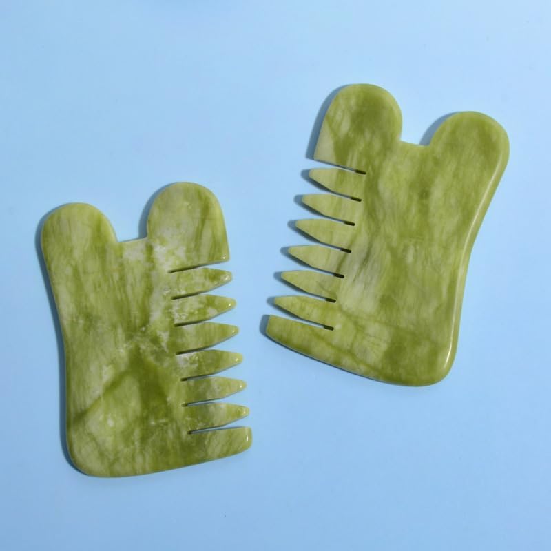 Gua Sha Comb Tool, Natural Green Jade Stone Scalp Massage Comb, Facial GuaSha Tool for Lift and Puffiness, Jade Gua Sha Scraping Therapy Massager for Full Body Relax