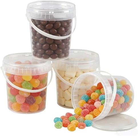 Xyskin 10 Pack Round Plastic Bucket Food Storage Containers, 28 oz Deli Containers with Lid and Handle, Clear Storage Jars Mini Storage for DIY Slime Making, Candy, Art Crafts, Ice Cream, Soup