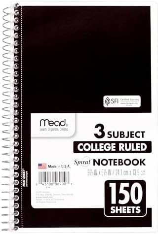 Mead® Wirebound Notebook, 6" x 9 1/2", 3 Subject, College Ruled, 300 Pages (150 Sheets), Assorted Colors