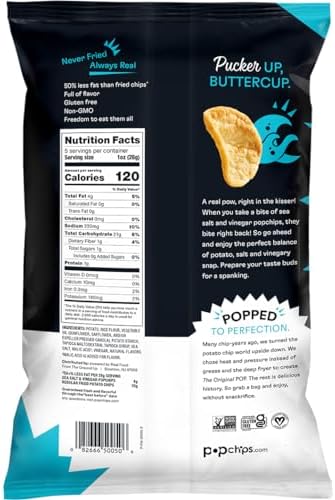 Popchips Potato Chips, Sea Salt & Vinegar, 4ct 5.0oz Share Bags, Low-Calorie, Gluten Free, Salty Snacks for Adults and Children, Non-GMO, Vegan & Kosher Friendly, 130 Calories Per Serving