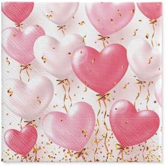 PAW Paper Napkin 3 Ply (33 x 33 cm) I Pack of 20 Perfect for Birthdays, Parties, Weddings, Kommunion and Celebrations, Table Decoration – Pink Heart Balloons