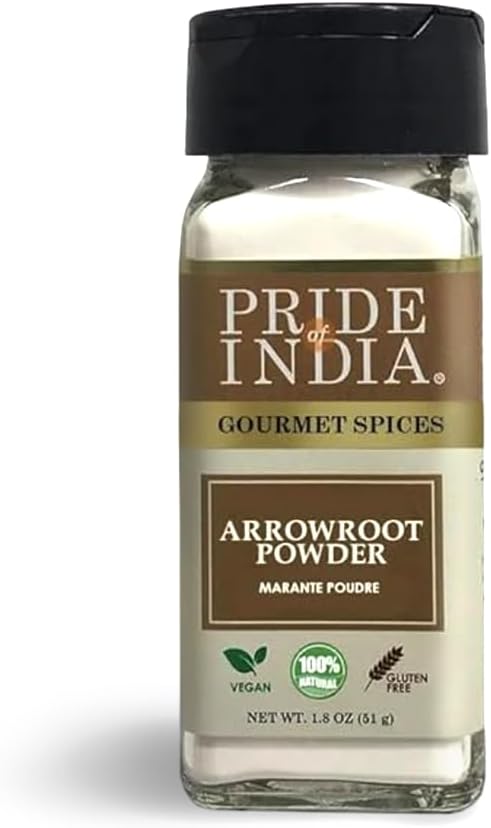 Pride of India – Natural Arrowroot Ground Powder – Gourmet Baking & Thickening Agent – Gluten & GMO Free – Good for Sauces, Fritters & Fries – Easy to Use – 2oz. Dual Sifter Bottle