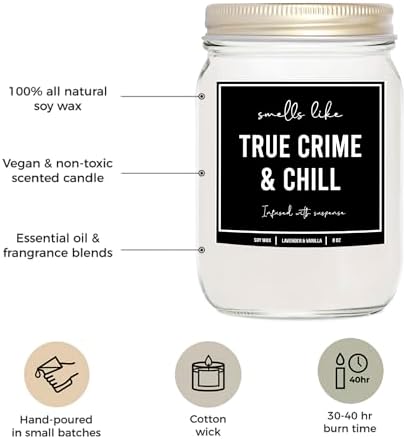 You Nique Designs True Crimes & Chill Scented Candle, 8 Oz, True Crime Gifts for Women, Serial Killer Gifts for Women, Crime Junkie Merch, All Natural Soy Vegan Candles (Lavender & Vanilla)
