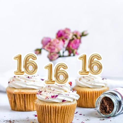 50 PCS Edible 16th Birthday Cupcake Toppers Gold Wafer Paper Sweet 16 Hello 16 Cake Toppers Edible 16th Birthday Party Decorations for 16 Years Theme Sixteen Party Cake Decorations Supplies