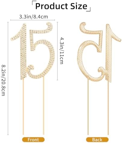 15 Cake Topper, Number 15 Birthday Alloy Crystal Rhinestones Cake Topper Cake Decoration for 15th Birthday or Anniversary Party (Gold)
