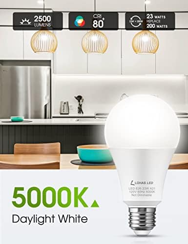 L LOHAS LED Super Bright White LED Light Bulb, A21 23W(150-200Watt Equivalent), 2500 High Lumen, 5000K Daylight, Garage Light Bulbs, E26 Porch Light Bulb, Non-Dim, No Flicker for Home Lighting, 2-Pack