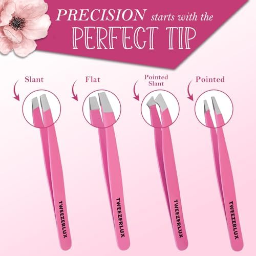 Tweezers Set - Professional Stainless Steel Tweezers for Eyebrows - Great Precision for Facial Hair, Splinter and Ingrown Hair Removal (PINK)