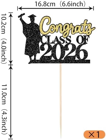 Rsstarxi 1 Pack Congrats Class of 2026 Cake Topper Glitter Congrats Grad Graduation Cap Diploma Cake Pick for 2026 High School College University Graduation Party Cake Decorations Black
