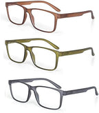3 Pack Plastic Frame Classic Rectangular Style Reading Glasses for Men and Women, Brown, Green and Grey
