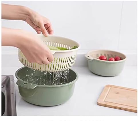 Double Layer Plastic Fruits Vegetable Washing Basket, Large Kitchen Strainer Colander Bowl Sets, Drain Bowls for Washing Washing Mixing, Detachable for Pasta Salad Berry(Large)