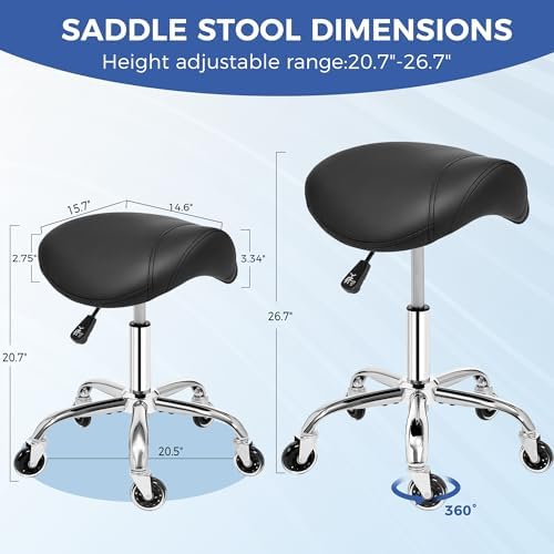 ANWBROAD Saddle Stool with Wheels Ergonomic Swivel Adjustable Rolling Stool with PU Leather Thick Wide Saddle Seat Padding Comfortable Rolling Saddle Chair for Salon Massage Clinic Black UWSS001B