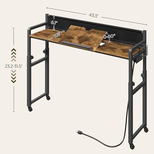 Overbed Table with Wheels, Recliner Desk with Charging Station, Over the Bed Table Height Adjustable, Mobile Bed Table with Storage and Cup Holder, Overbed Desk for Living Room, Rustic Brown