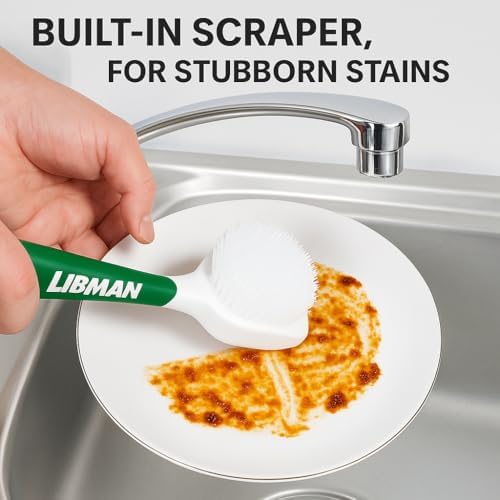 LIBMAN Dish Brush - Soft Bristle Cleaning Brush with Handle - 2 Pk Dish Scrub Brushes with Scraper for Dishwashing Dishes, Pots, Pans, Glassware - Non-Slip Comfort Grip Handle