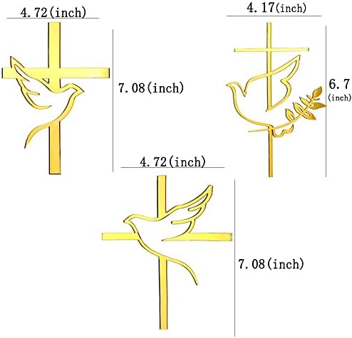 Mirror Acrylic Cake Topper - Dove Cross for Baptism, First Communion, Baby Shower, Birthday - Christian Party Decorations, DIY Cupcake Supplies, 3pcs