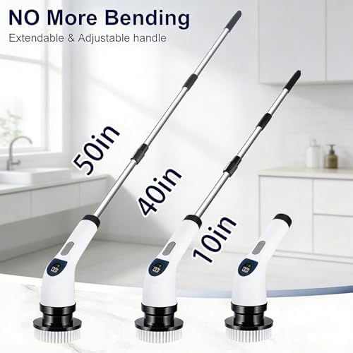 Electric Spin Scrubber for Cleaning, Adjustable Shower Brush with 7 Replaceable Heads & Power LED Display, 2 Speed Waterproof Cordless Shower Scrubber for Bathtub, Kitchen, Car, White